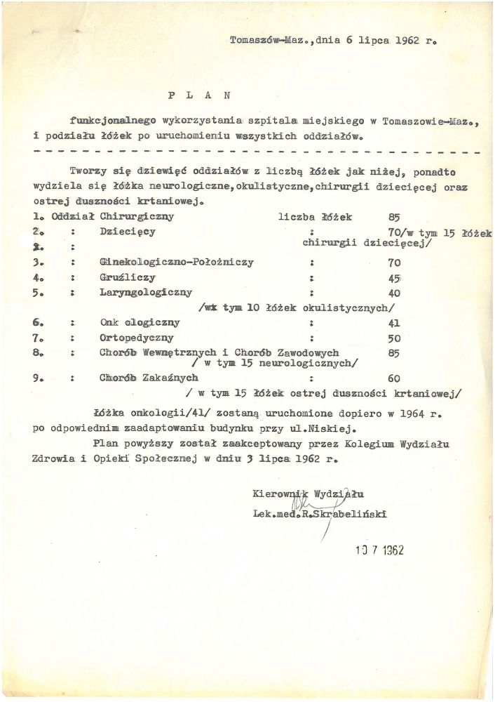 Plan funkcjonalnego wykorzystania szpitala, 1962 r.